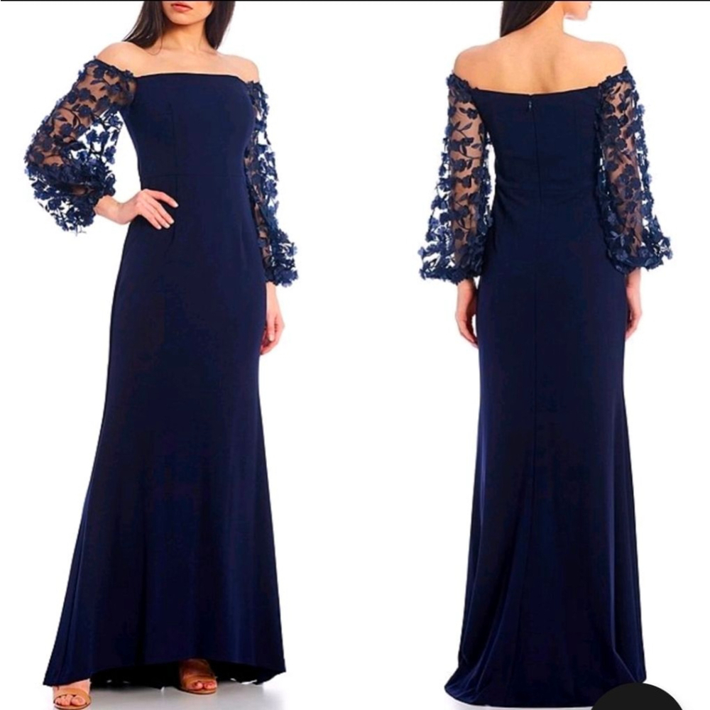 Eliza J Navy Off Shoulder Lace Sleeve Mermaid Gown Formal Dress Size 12 NWT